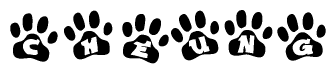 The image shows a series of animal paw prints arranged in a horizontal line. Each paw print contains a letter, and together they spell out the word Cheung.