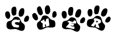 The image shows a series of animal paw prints arranged horizontally. Within each paw print, there's a letter; together they spell Cher