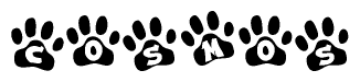 The image shows a series of animal paw prints arranged in a horizontal line. Each paw print contains a letter, and together they spell out the word Cosmos.