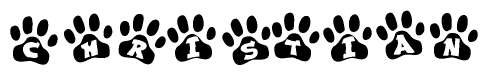 The image shows a series of animal paw prints arranged in a horizontal line. Each paw print contains a letter, and together they spell out the word Christian.