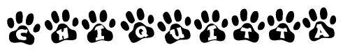 The image shows a row of animal paw prints, each containing a letter. The letters spell out the word Chiquitta within the paw prints.