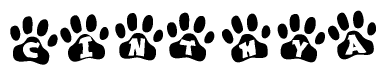 The image shows a series of animal paw prints arranged in a horizontal line. Each paw print contains a letter, and together they spell out the word Cinthya.