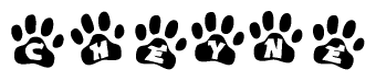 The image shows a series of animal paw prints arranged in a horizontal line. Each paw print contains a letter, and together they spell out the word Cheyne.