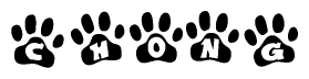 The image shows a series of animal paw prints arranged horizontally. Within each paw print, there's a letter; together they spell Chong