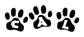 The image shows a series of animal paw prints arranged horizontally. Within each paw print, there's a letter; together they spell Cal