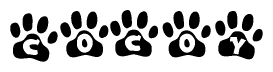 The image shows a series of animal paw prints arranged horizontally. Within each paw print, there's a letter; together they spell Cocoy
