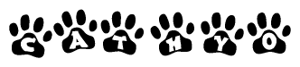 The image shows a series of animal paw prints arranged in a horizontal line. Each paw print contains a letter, and together they spell out the word Cathyo.