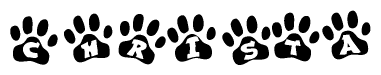 The image shows a series of animal paw prints arranged horizontally. Within each paw print, there's a letter; together they spell Christa