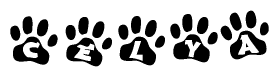 The image shows a series of animal paw prints arranged horizontally. Within each paw print, there's a letter; together they spell Celya