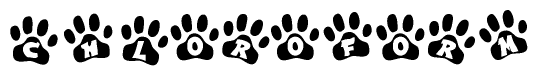 The image shows a series of animal paw prints arranged horizontally. Within each paw print, there's a letter; together they spell Chloroform