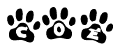   The image shows a row of animal paw prints, each containing a letter. The letters spell out the word Coe within the paw prints. 