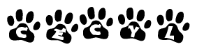 The image shows a row of animal paw prints, each containing a letter. The letters spell out the word Cecyl within the paw prints.