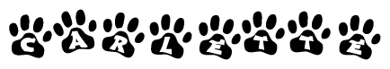 The image shows a series of animal paw prints arranged horizontally. Within each paw print, there's a letter; together they spell Carlette