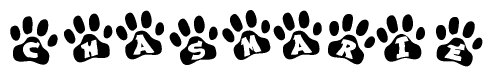 The image shows a row of animal paw prints, each containing a letter. The letters spell out the word Chasmarie within the paw prints.