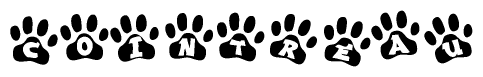 The image shows a series of animal paw prints arranged in a horizontal line. Each paw print contains a letter, and together they spell out the word Cointreau.