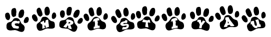 The image shows a series of animal paw prints arranged horizontally. Within each paw print, there's a letter; together they spell Christiyau