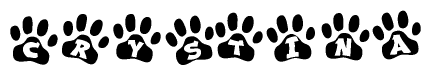 The image shows a row of animal paw prints, each containing a letter. The letters spell out the word Crystina within the paw prints.