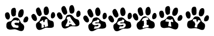 The image shows a series of animal paw prints arranged horizontally. Within each paw print, there's a letter; together they spell Chassity