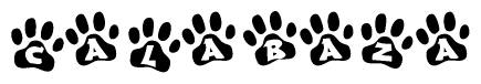 The image shows a series of animal paw prints arranged in a horizontal line. Each paw print contains a letter, and together they spell out the word Calabaza.