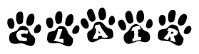 The image shows a series of animal paw prints arranged in a horizontal line. Each paw print contains a letter, and together they spell out the word Clair.