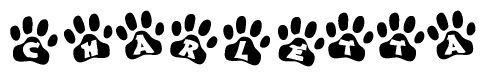 The image shows a row of animal paw prints, each containing a letter. The letters spell out the word Charletta within the paw prints.