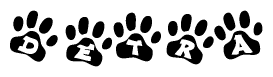 The image shows a series of animal paw prints arranged horizontally. Within each paw print, there's a letter; together they spell Detra