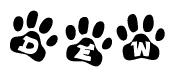 The image shows a series of animal paw prints arranged in a horizontal line. Each paw print contains a letter, and together they spell out the word Dew.