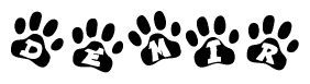 The image shows a row of animal paw prints, each containing a letter. The letters spell out the word Demir within the paw prints.
