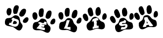 The image shows a series of animal paw prints arranged in a horizontal line. Each paw print contains a letter, and together they spell out the word Delisa.