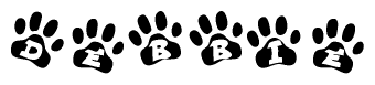 The image shows a series of animal paw prints arranged horizontally. Within each paw print, there's a letter; together they spell Debbie