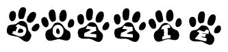The image shows a row of animal paw prints, each containing a letter. The letters spell out the word Dozzie within the paw prints.