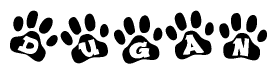 The image shows a row of animal paw prints, each containing a letter. The letters spell out the word Dugan within the paw prints.