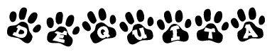 The image shows a series of animal paw prints arranged in a horizontal line. Each paw print contains a letter, and together they spell out the word Dequita.