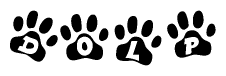 The image shows a series of animal paw prints arranged in a horizontal line. Each paw print contains a letter, and together they spell out the word Dolp.