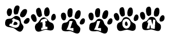 The image shows a series of animal paw prints arranged in a horizontal line. Each paw print contains a letter, and together they spell out the word Dillon.