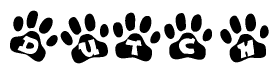 The image shows a series of animal paw prints arranged horizontally. Within each paw print, there's a letter; together they spell Dutch