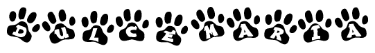 The image shows a series of animal paw prints arranged in a horizontal line. Each paw print contains a letter, and together they spell out the word Dulcemaria.