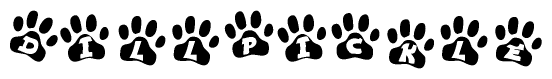 The image shows a row of animal paw prints, each containing a letter. The letters spell out the word Dillpickle within the paw prints.