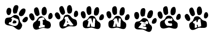 The image shows a series of animal paw prints arranged in a horizontal line. Each paw print contains a letter, and together they spell out the word Diannech.