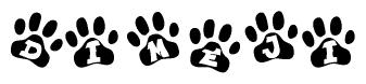The image shows a series of animal paw prints arranged horizontally. Within each paw print, there's a letter; together they spell Dimeji