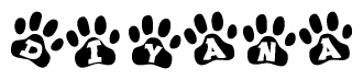 The image shows a series of animal paw prints arranged in a horizontal line. Each paw print contains a letter, and together they spell out the word Diyana.