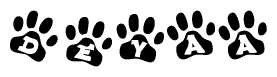 The image shows a row of animal paw prints, each containing a letter. The letters spell out the word Deyaa within the paw prints.