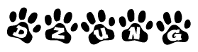 The image shows a series of animal paw prints arranged in a horizontal line. Each paw print contains a letter, and together they spell out the word Dzung.