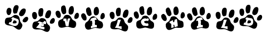 The image shows a row of animal paw prints, each containing a letter. The letters spell out the word Devilchild within the paw prints.
