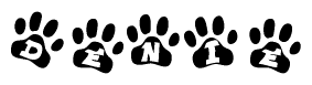 The image shows a row of animal paw prints, each containing a letter. The letters spell out the word Denie within the paw prints.