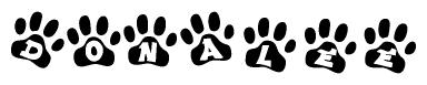 The image shows a series of animal paw prints arranged in a horizontal line. Each paw print contains a letter, and together they spell out the word Donalee.