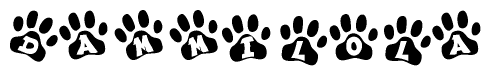 The image shows a series of animal paw prints arranged horizontally. Within each paw print, there's a letter; together they spell Dammilola