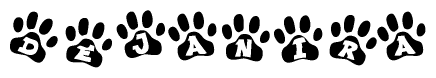 The image shows a series of animal paw prints arranged in a horizontal line. Each paw print contains a letter, and together they spell out the word Dejanira.