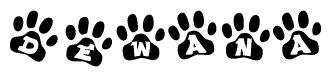 The image shows a series of animal paw prints arranged in a horizontal line. Each paw print contains a letter, and together they spell out the word Dewana.
