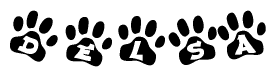 The image shows a series of animal paw prints arranged in a horizontal line. Each paw print contains a letter, and together they spell out the word Delsa.